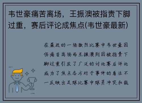 韦世豪痛苦离场，王振澳被指责下脚过重，赛后评论成焦点(韦世豪最新)