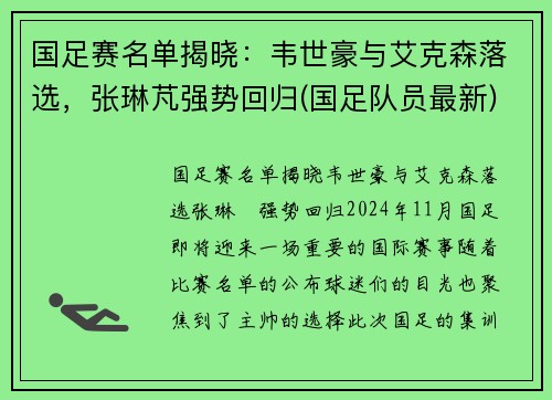国足赛名单揭晓：韦世豪与艾克森落选，张琳芃强势回归(国足队员最新)