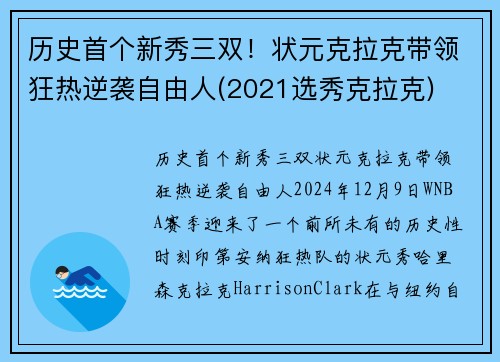 历史首个新秀三双！状元克拉克带领狂热逆袭自由人(2021选秀克拉克)