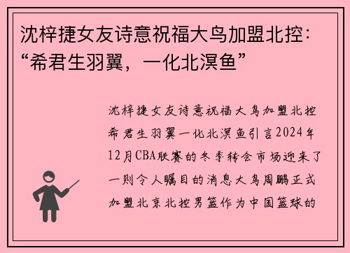 沈梓捷女友诗意祝福大鸟加盟北控：“希君生羽翼，一化北溟鱼”