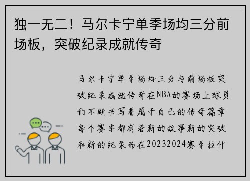 独一无二！马尔卡宁单季场均三分前场板，突破纪录成就传奇