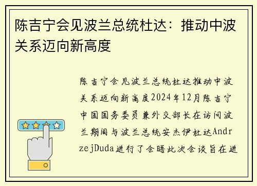 陈吉宁会见波兰总统杜达：推动中波关系迈向新高度