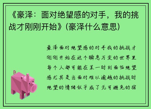《豪泽：面对绝望感的对手，我的挑战才刚刚开始》(豪泽什么意思)