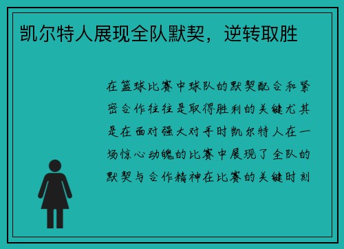 凯尔特人展现全队默契，逆转取胜