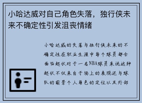 小哈达威对自己角色失落，独行侠未来不确定性引发沮丧情绪